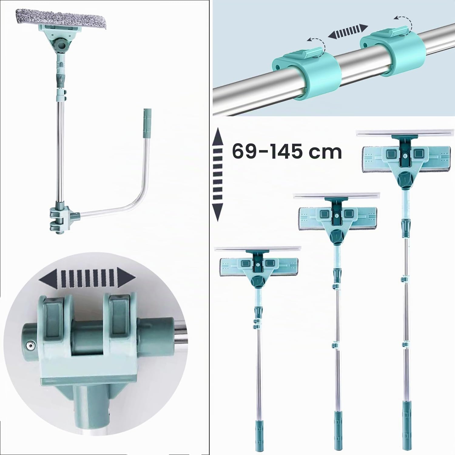 Hooha Fensterwischer Reiniger Fensterabzieher Teleskop U-Bügel Stange 2-in-1 Fensterputzer mit 180°Schwenkkopf Fenster Putzen Wischer Set für hohe Fenster/Dusche/Auto 69-145cm (U-Bügel)