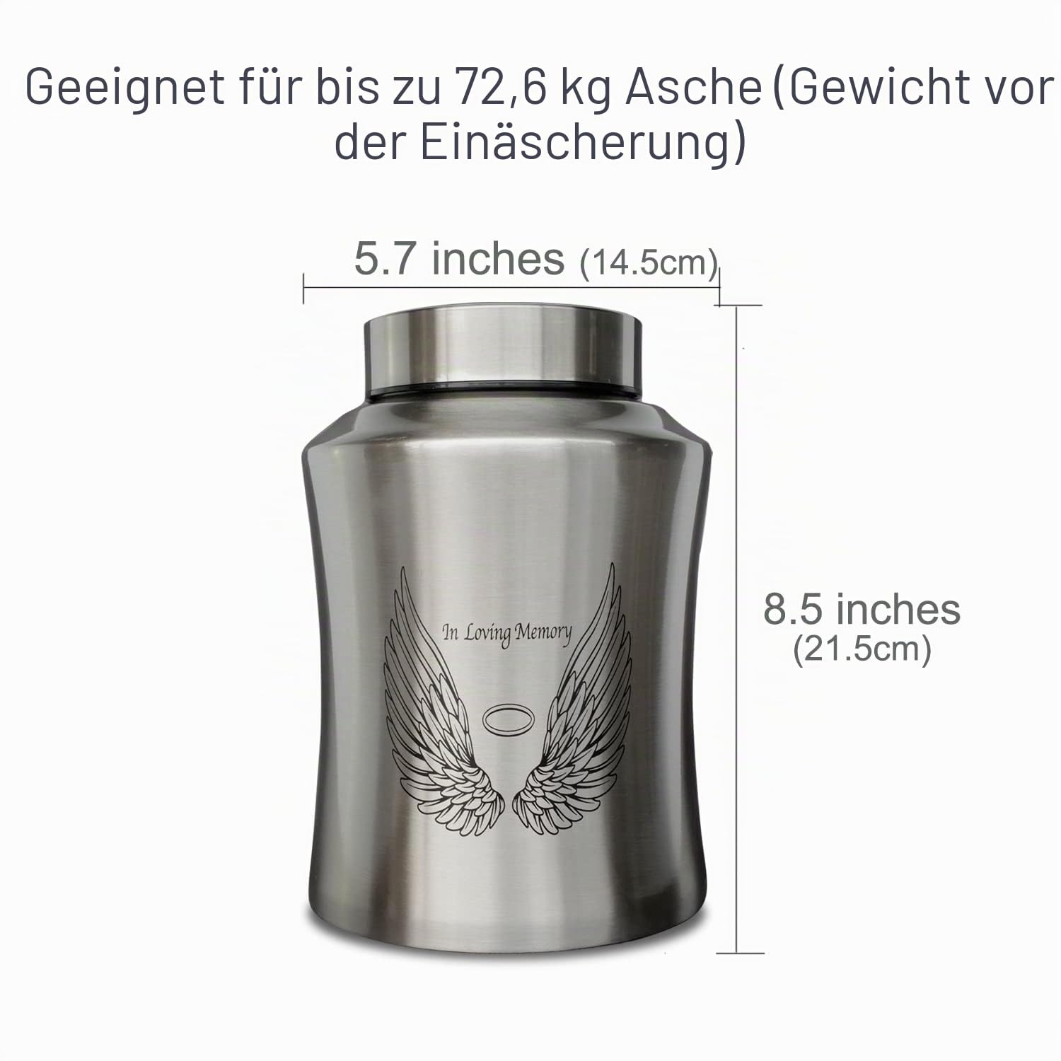 Große Urnen für Erwachsene menschliche Asche, Engelsflügel in liebevoller Erinnerung, dekorative Beerdigungsurne für männliche und weibliche Asche mit Samtbeutel (Silber)
