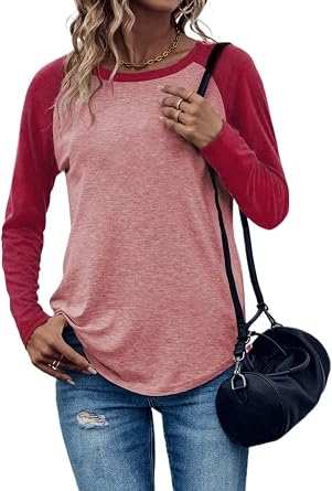 Womens Crewneck Blouse Shirt Tops Colorblock Raglan Sleeve Tees