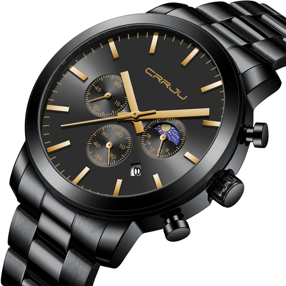 CRRJU Watches for Men Luxury Business Stainless Steel Waterproof Calendar Chronograph Analog Quartz Wristwatches