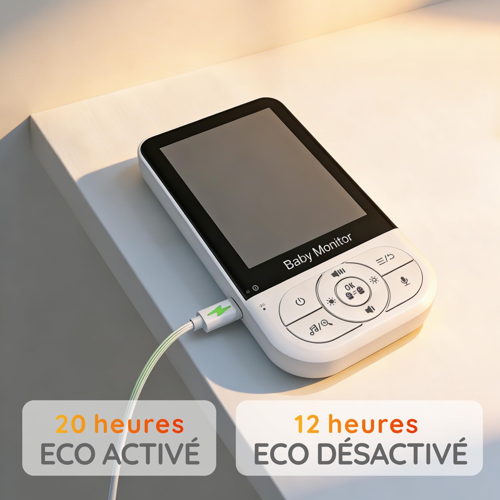 Babystar Babyphone caméra,3.2 Pouces écran LCD Moniteur bébé avec caméra et Vision Nocturne, Mode ECO, Audio bidirectionnel, capteur de température, Rappel d'alimentation, 4 berceuses