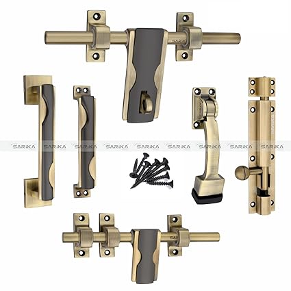 Soul Craft Honex Zinc Alloy Heavy Single Door Fitting Accessories Full Set/Kit (1 Aldrop, 1 Latch, 2 Handles, 1 Tower Bolt and 1 Door Stopper) (10 Inch,Antique Brass)
