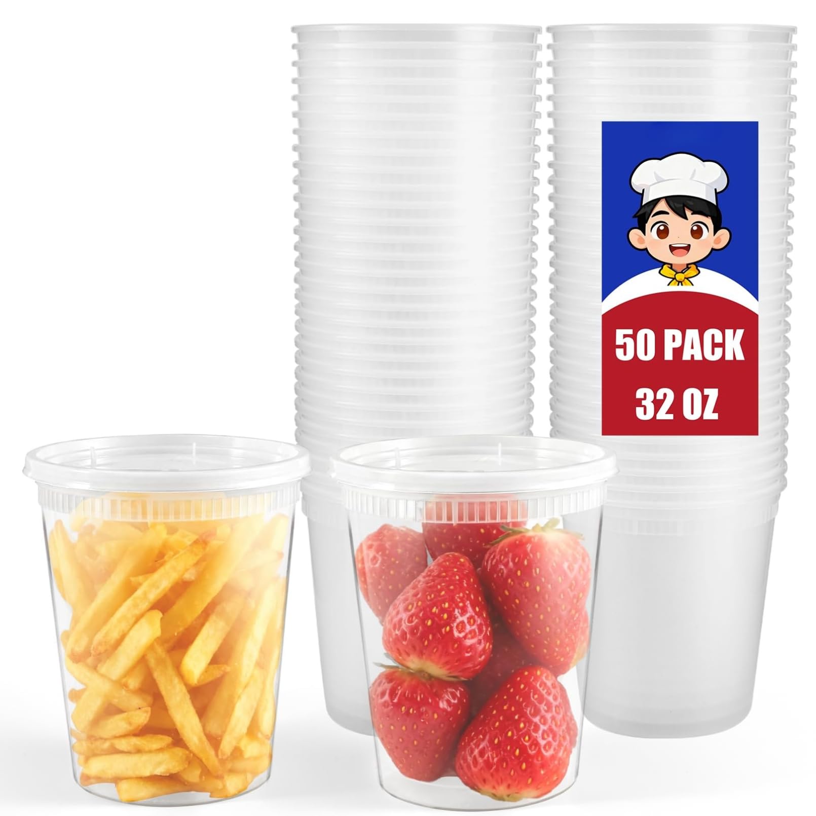 50 contenitori rotondi da 950 ml con coperchio trasparente per