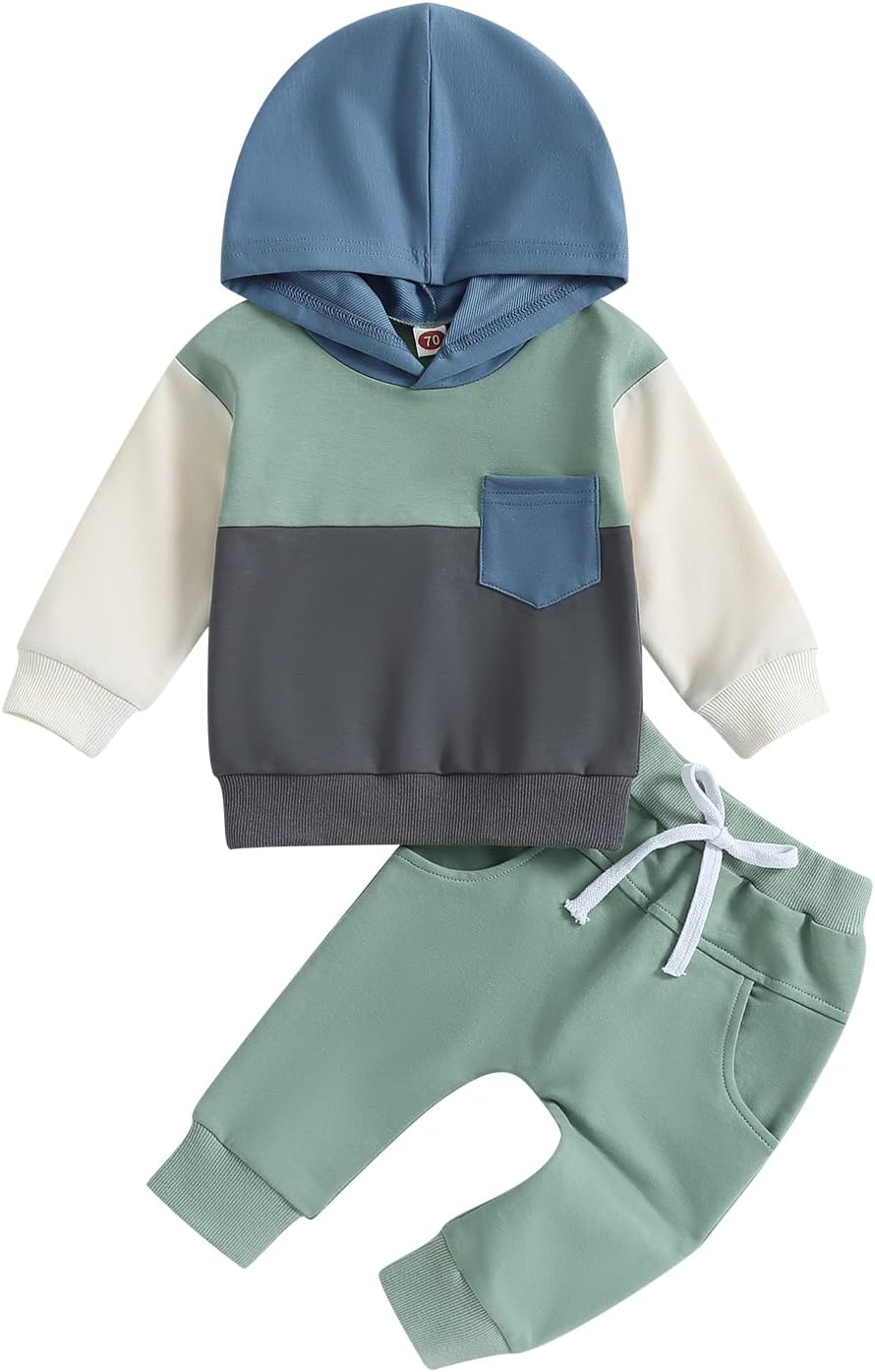 Infant Toddler Baby Boy Fall Winter Clothes Color Block Hoodie Sweatshirt Tops and Pants Sweatsuit Set Outfits