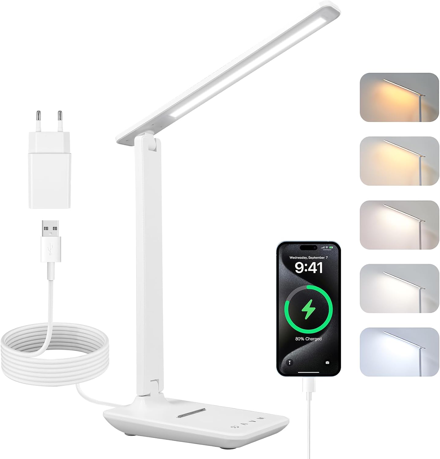 Carehabi LED Desk Lamp Dimmable Table Lamp LED Table Lamp with 5 Colours and 5 Brightness Levels Reading Lamp with USB Charging Port Touch Control for Children Reading Offices White-AC [Energy Class G]