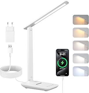Carehabi Lampe de Bureau Puissante - 5 Modes de Couleurs et 5 Niveaux de Luminosité Réglables - Rotation sur 3 Axes - Protection des Yeux - Lampe de Lecture avec Port USB et Fonction Mémoire