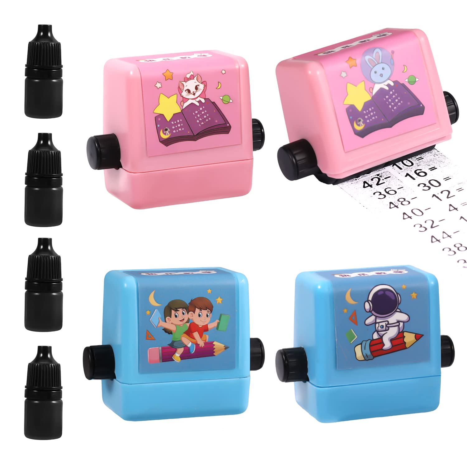 4pcs Math Roller Stamp, Reusable Digital Teaching Stamp for Addition Subtraction Multiplication Divison Intelligent Teaching Accessories Math Practice Supplies for Preschool Kindergarten School