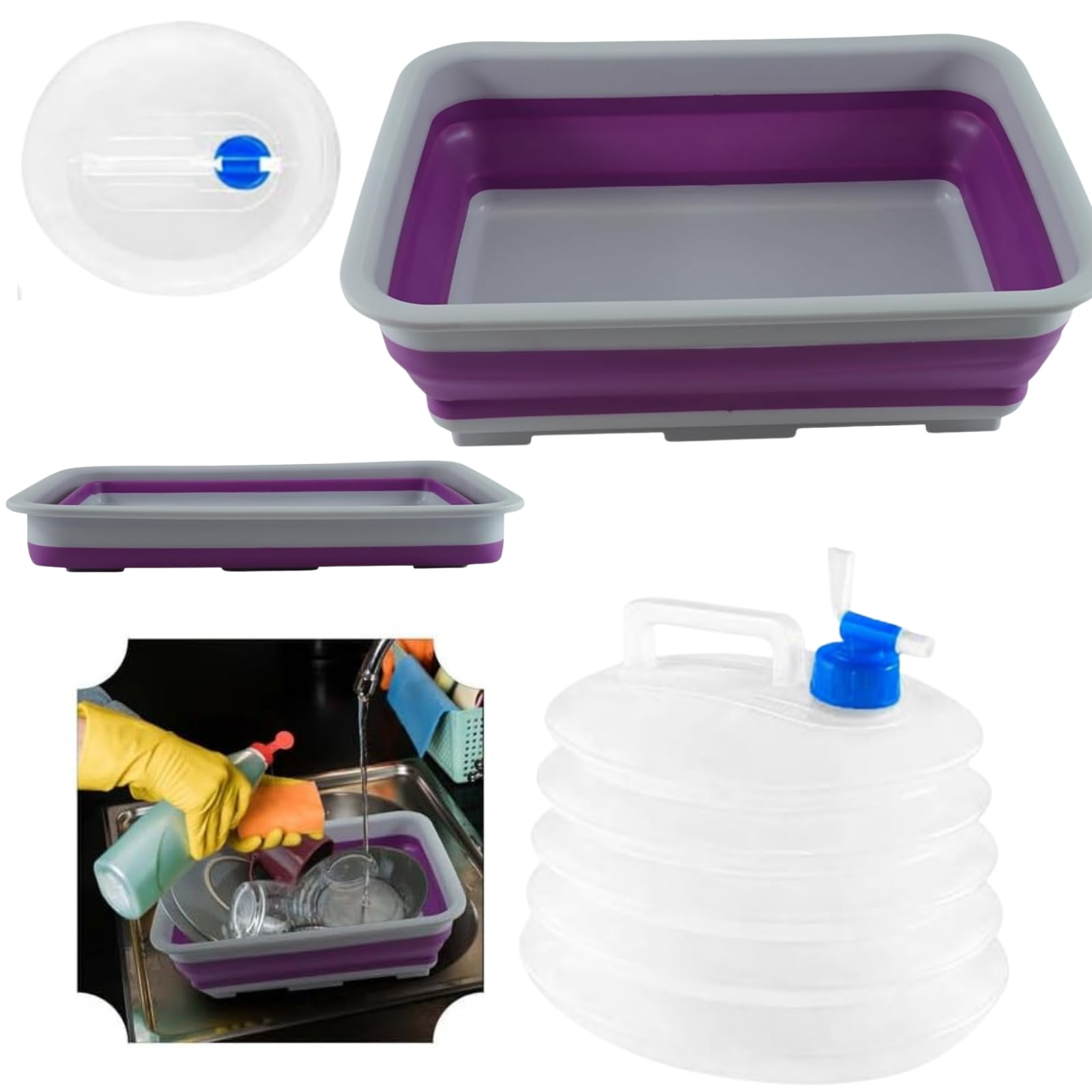 SRVertex Collapsible Washing Bowl and Water Carrier Set Purple Grey Foldable Basin Portable 10L Tub with 5L Water Container for Camping Travel Kitchen Use