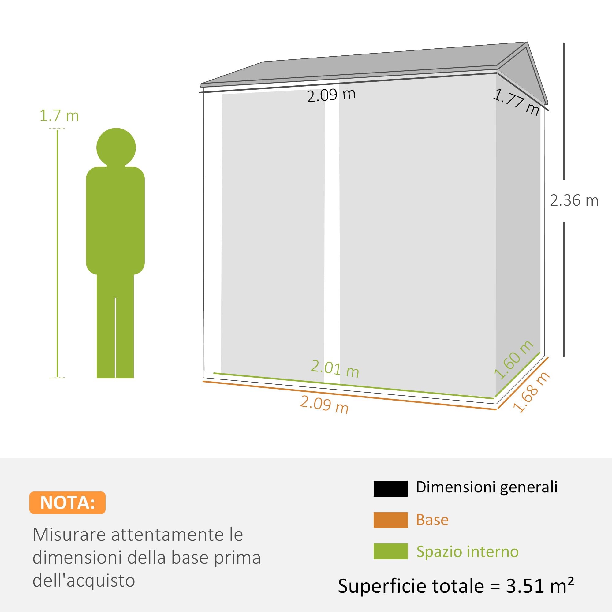 Outsunny Casetta da Giardino Alta 3.51m² in Acciaio Zincato con Prese d'Aria, Capanno da Giardino con Porta Bloccabile, Tetto Inclinato, Guanti, Capanno Porta Attrezzi, 209x177x236 cm, Grigio Argento