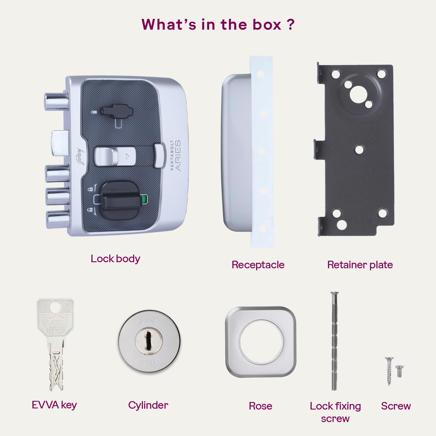 Godrej Rim Lock I Pentabolt Aries 3KS I 5 Bolts I 1CK Latchbolt I for Main Door I for Inside Opening Door l Left/Right Handed Doors I 4Keys I 15Year Warranty I Automatic Locking I Roman Silver Finish — Amazon image 7