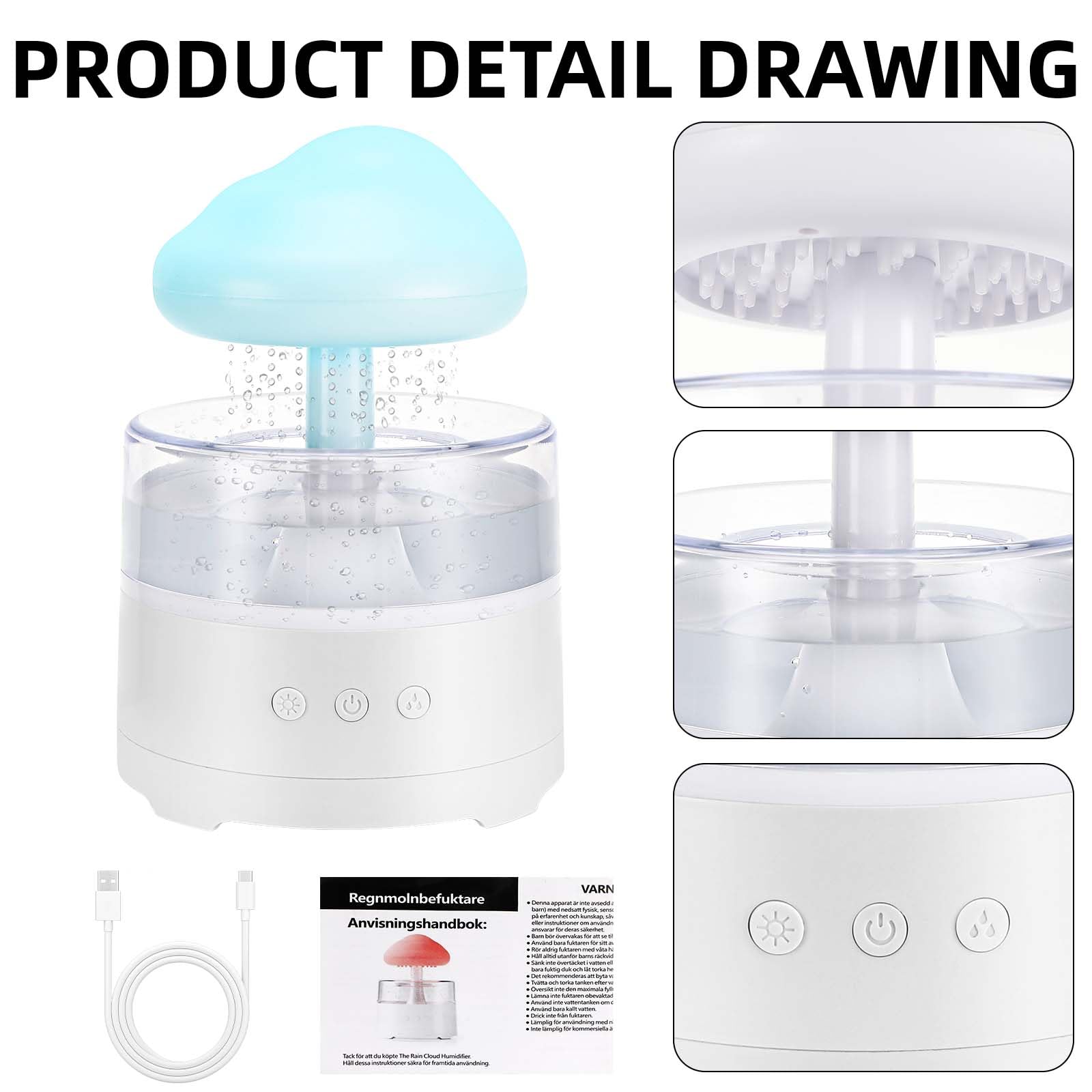 Nuages De Pluie Humidificateur D'air, 3 Modes Pluie/Veilleuse 7 Couleurs | 400 ml, Simuler la Chute de Gouttes de Pluie, Aide à Dormir Et à Se Détendre