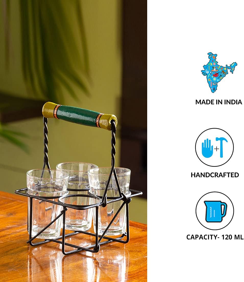 ExclusiveLane 'The Railway Nostalgia' Tea Glasses with Iron Holder (Set of 4, 120 ML) - Cutting Chai Glasses with Stand Indian Style Tea Glass Tea Cup Handpainted Iron Carrier Stand Organizer