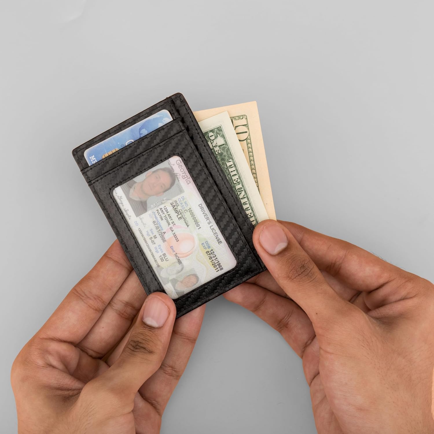 Premium RFID Blocking Slim Credit Card Case for Men – Carbon Genuine Leather Card Holder Wallet with Clear ID Window, 6 Card Slots & Money Pocket – Stylish Durable Everyday Cardcase