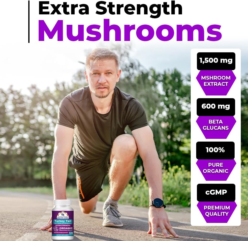 CANCER SCIENCES Turkey Tail Wellness Mushrooms Supplement, USDA Certified Organic Extract, Extra Strength 1,500 mg, High Potency 40% Beta-Glucans, Gut & Immune Support, Natural Digestive, 120 Capsules