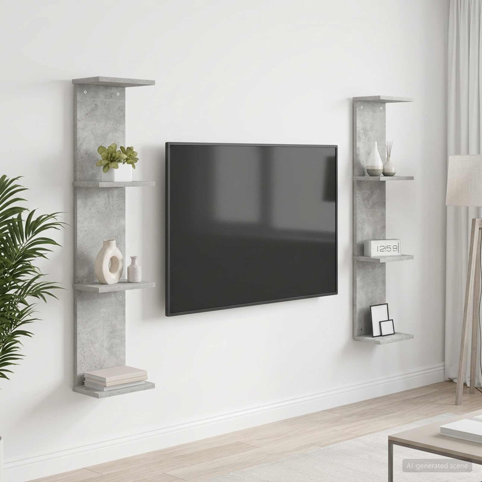 Regał ścienny, zestaw 2 sztuk, szary beton, 22 x 15 x 100 cm, materiał drewnopochodny, montaż na ścianie, do dekoracji książek, do salonu, sypialni, korytarza, biura, montaż
