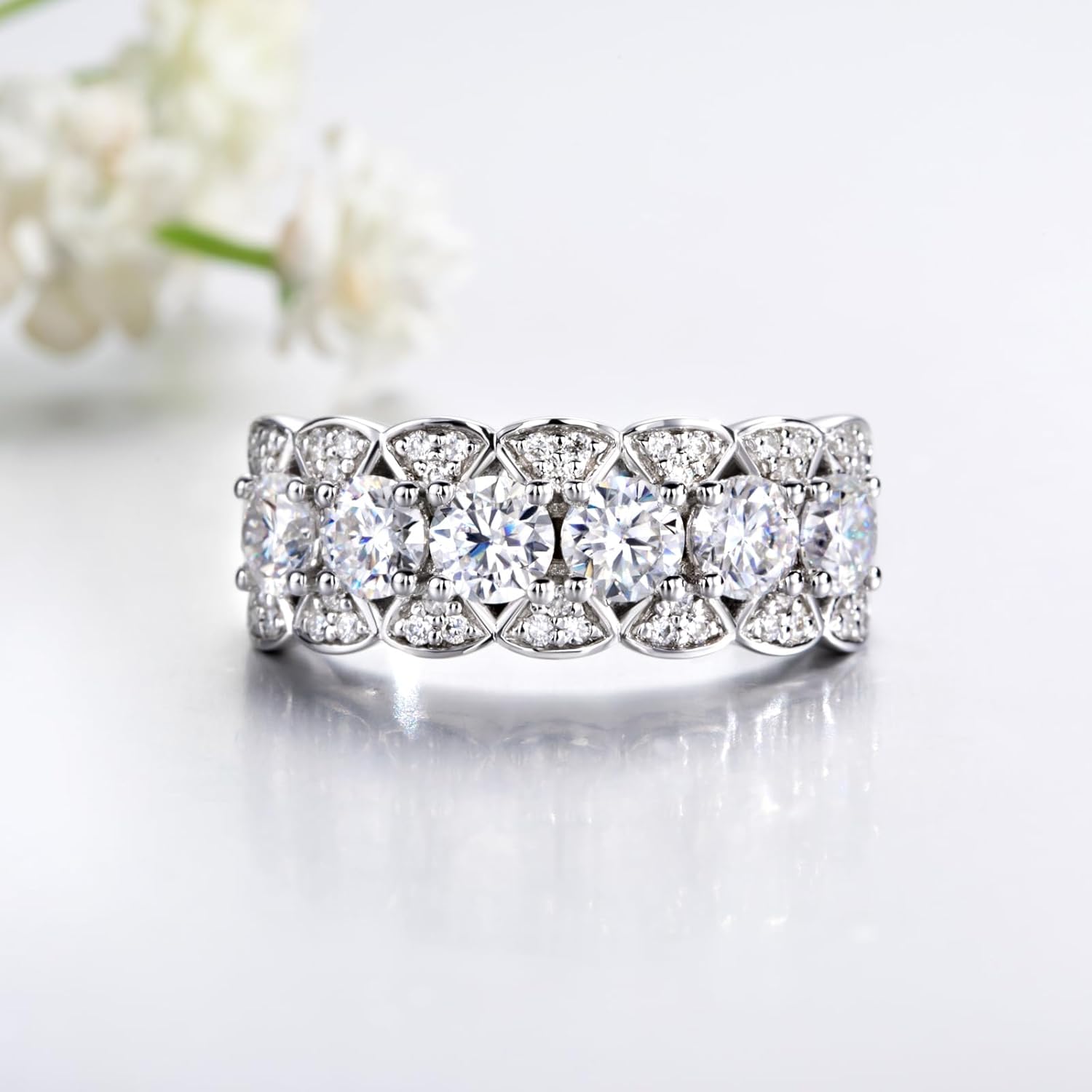 CannyCat Moissanite Eternity Ring for Women 4.0 mm VVS D color 2.0 CTTW Moissanites Wedding Band Platinum-Plated Silver Anniversary Engagement Half Eternity Band