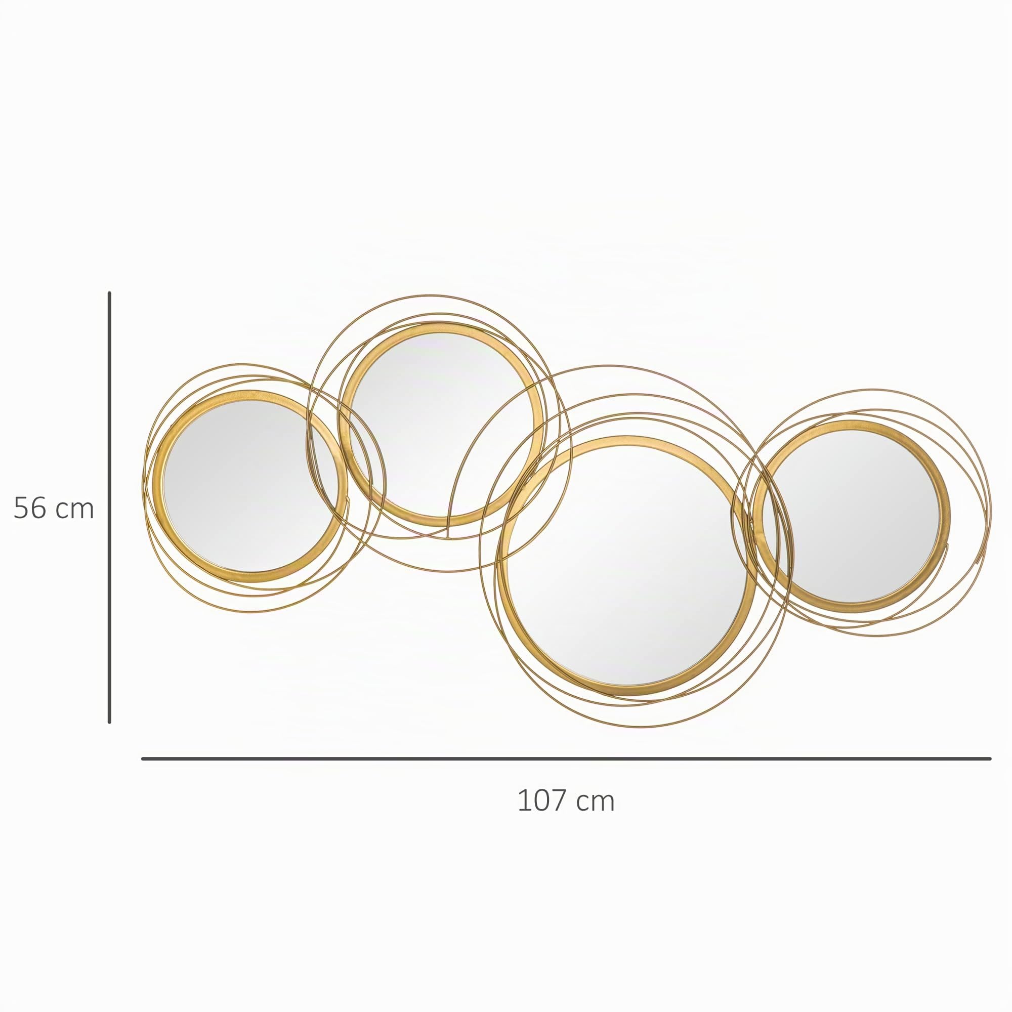 HOMCOM Decoración de Pared de Metal 3D Espejos Redondos 107x56 cm Dorado | Escultura de Espejos Redondos, Adornos Metálicos, Salón Dormitorio Cocina, Recibidores