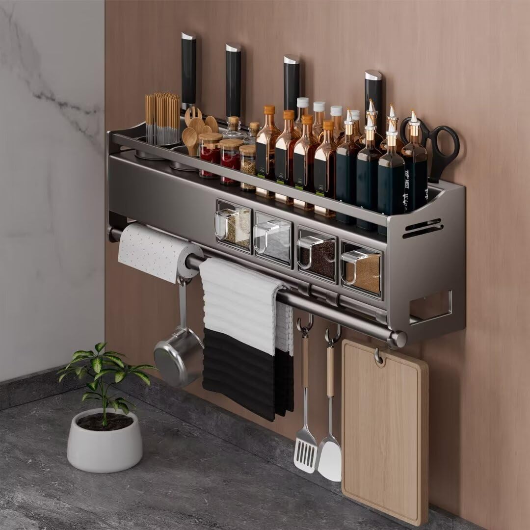 Portaspezie da parete, mensola in metallo con porta utensili, porta asciugamani di carta, ganci e porta coltelli, per riporre e organizzare la cucina