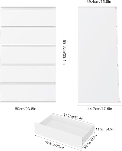 Miniatura 3 de FOTOSOK White Dresser, 5 Drawer Dresser Tall White Dresser with Large Storage Space, Modern Storage Chest of Drawers, 23.6L x 17.6W x 39.1H Inch