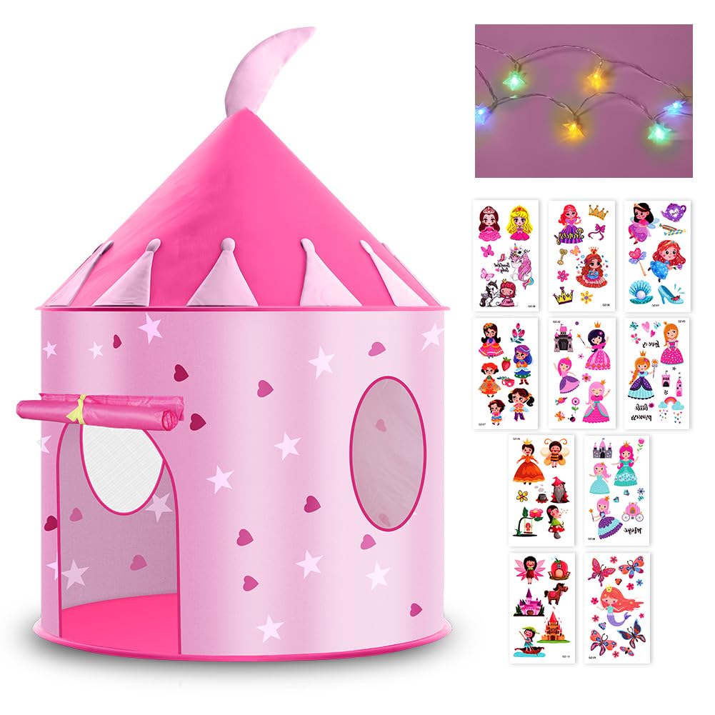 HOTUT Children's Tent, Princess Tent with 10 Tattoo Stickers, Children's Tent with LED Chain, Foldable Children's Tent for Indoor and Outdoor Games – Pink