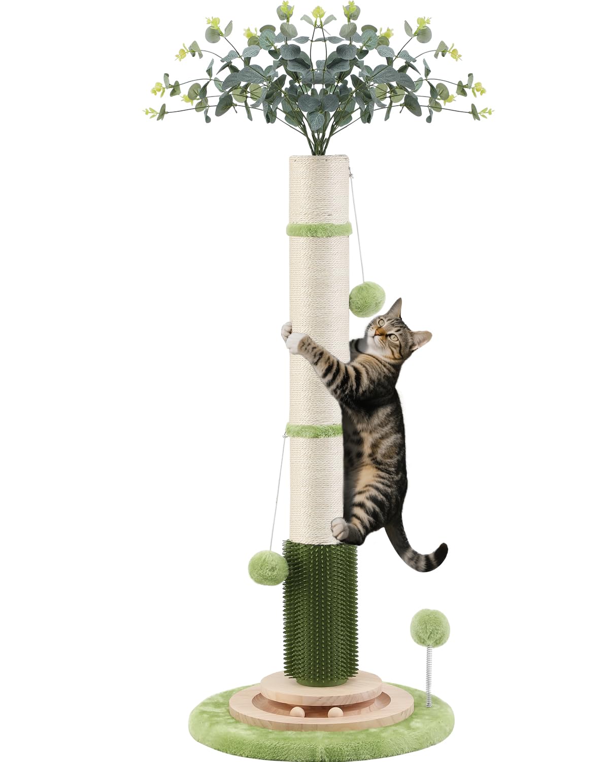 45'' Tall Cat Scratching Post,3.5Inch Diameter Sisal Rope Scratching Post for Indoor Cats Adults Kittens,Cat Scratcher with Interactive Ball Toys Self Groomer Brush for Large Cats