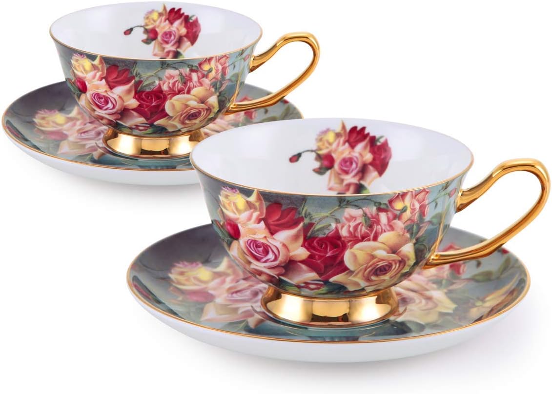 Bone China Tea Cups and Saucers Coffee Cups Porcelain Tea Cup Set - Espresso Mug Cappuccino Cups, Set of 2(7 oz) With Spoon and Gift Box