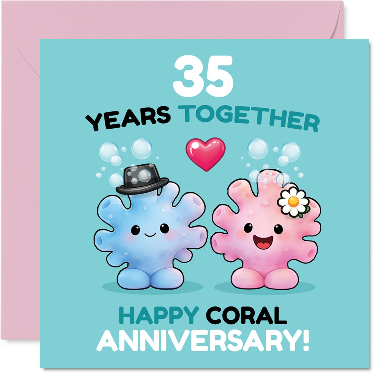 Playful 35th Anniversary Card - Celebrate 35 Years of Laughs - Cute Coral Characters in a Splash of Blue and Pink - 145mm Square, Envelope Included