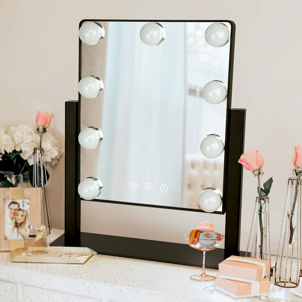 Hollywood - Espejo de maquillaje iluminado con luces, espejo iluminado Depuley con 9 bombillas LED de atenuación, control táctil inteligente, 3 modos de iluminación de color, aumento desmontable de 10