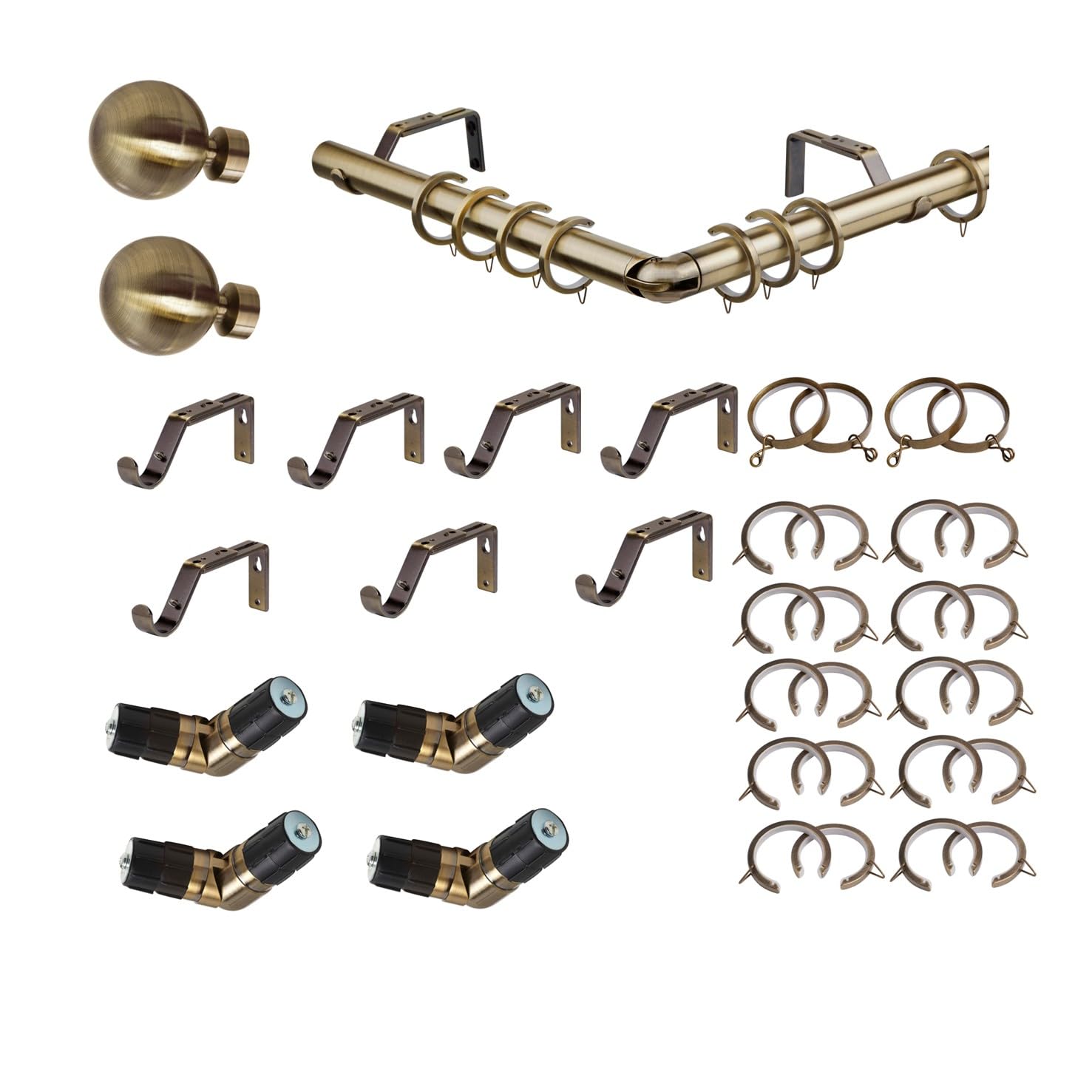 5 Sided Bay Window Curtain Pole Set, ABC Decor, 28mm, Antique Brass, Ball Finial (375 cm)