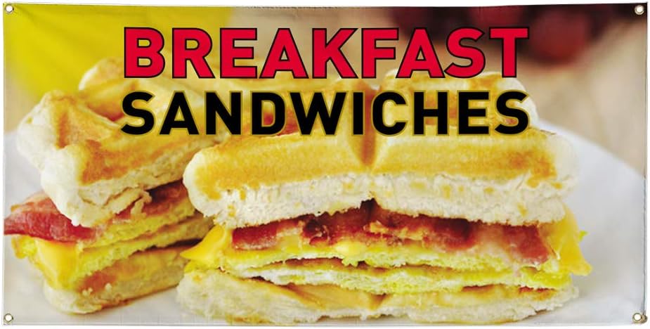 Vinyl Banner Multiple Sizes Breakfast Sandwiches Advertising Printing A Business Outdoor Weatherproof Industrial Yard Signs Yellow 4 Grommets 24x36Inches