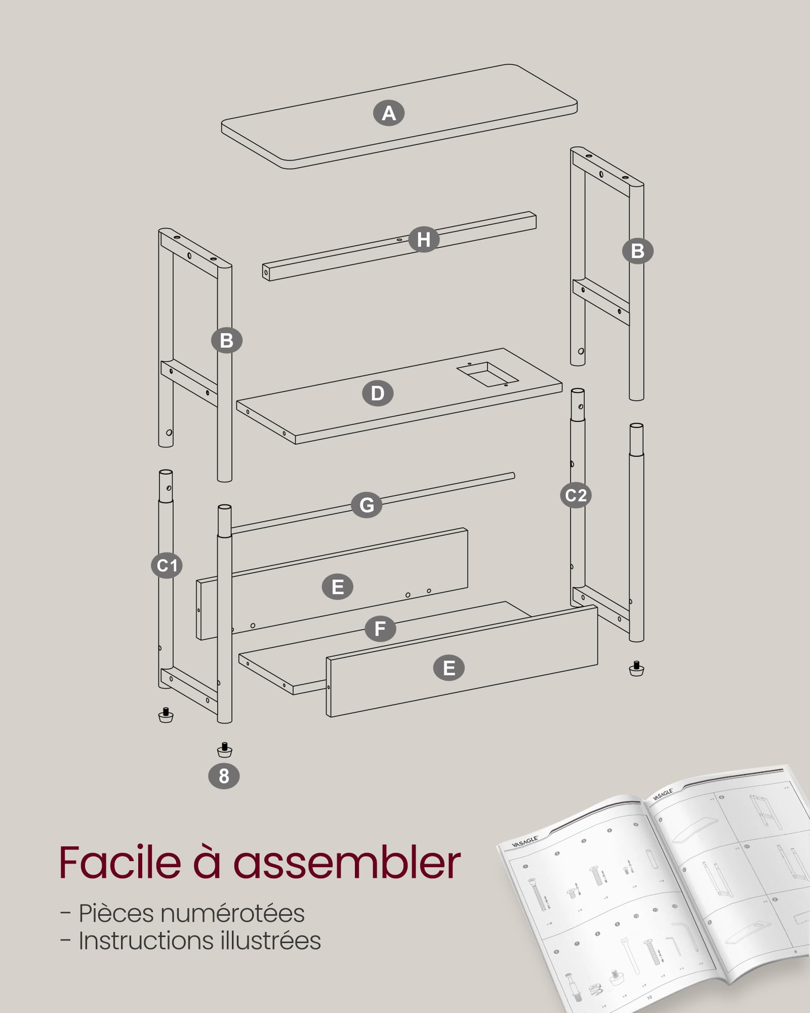 VASAGLE Table d’Appoint Fine avec Multiprise, Table de Chevet à 3 Niveaux, Bout de Canapé, pour Petits Espaces, Porte-Magazines, Salon, Chambre, Bureau, Grège Chiné et Noir d'encre LET335K05
