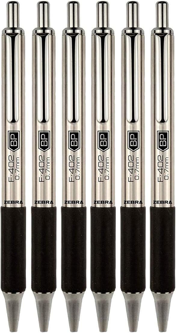 Zebra F-402 Ballpoint Stainless Steel Retractable Pen, Fine Point, 0.7mm, Black Ink, 6-Count Bundle with Plastic Reusable Pouch