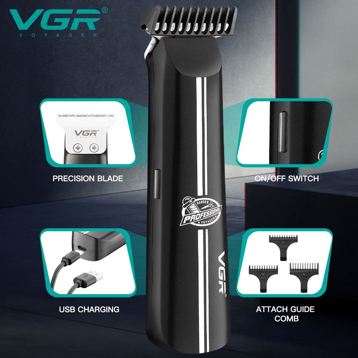 Diagram showing key features of the VGR V-007 trimmer: precision blade, on/off switch, USB charging port, and attachable guide combs.