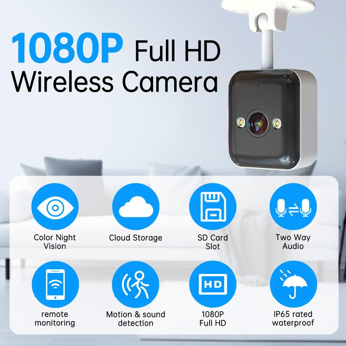 Diagram showing key features of the JOOAN camera: Color Night Vision, Cloud Storage, SD Card Slot, Two Way Audio, Remote Monitoring, Motion & Sound Detection, 1080P Full HD, IP65 rated waterproof.