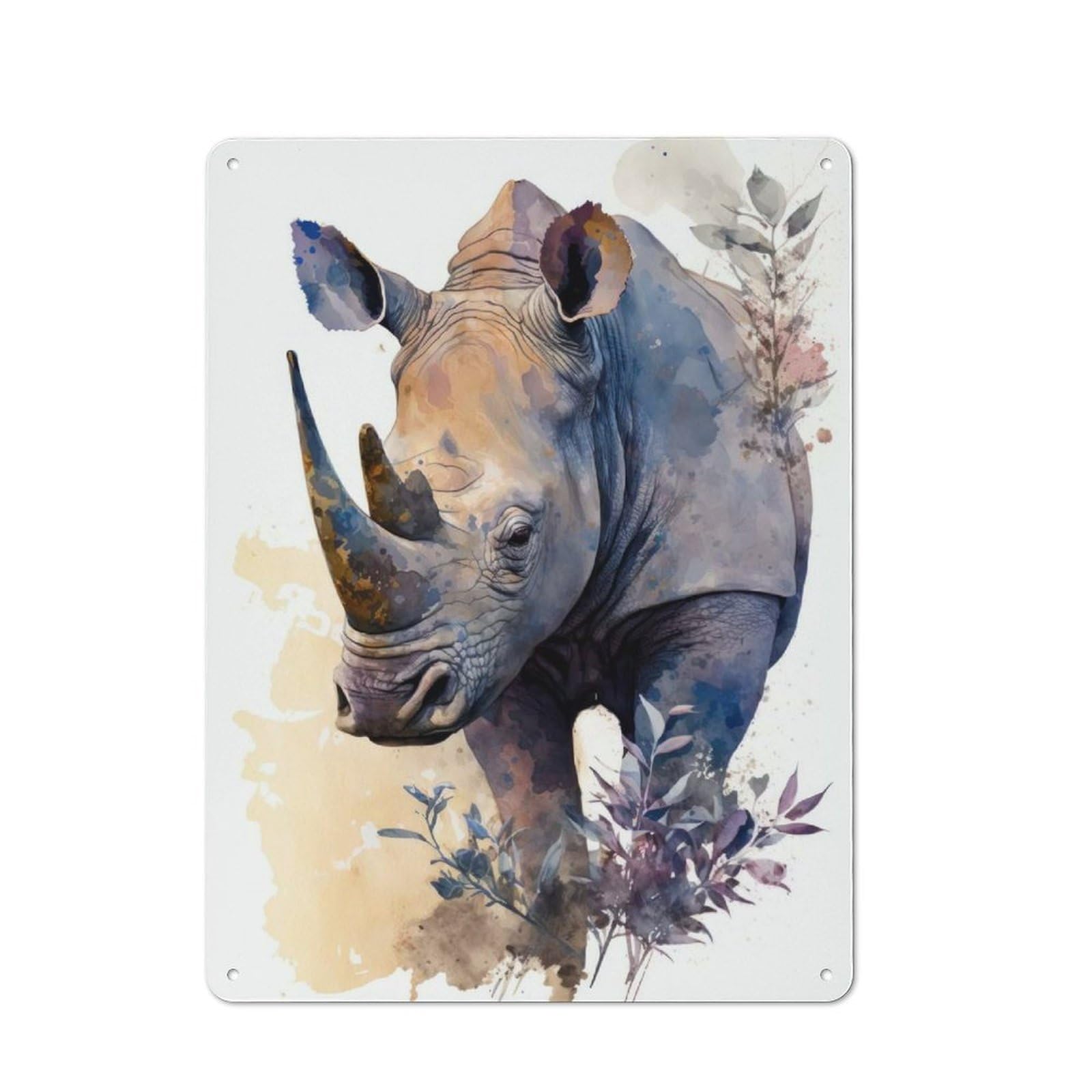 Junmoney Rhinocerose Watercolor Rustic Metal Plaque 40X30cm For Studio Or Craft Room, Suited To Craft Room Decorators