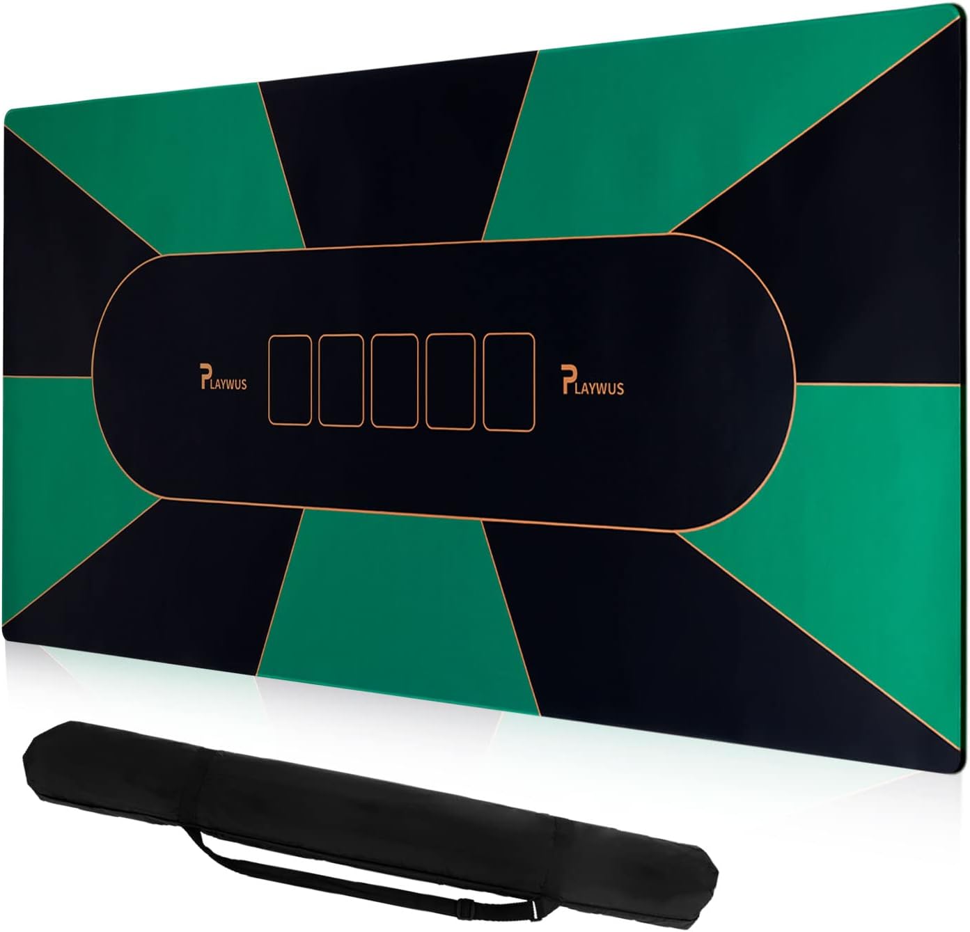 70 x 35 Inch Poker Mat, 8-Player Foldable Poker Table Top with Storage Bag, Non-Slip Rubber Texas Hold'em Poker Mat for Table for Blackjack, Casino, Gambling Games (Green)