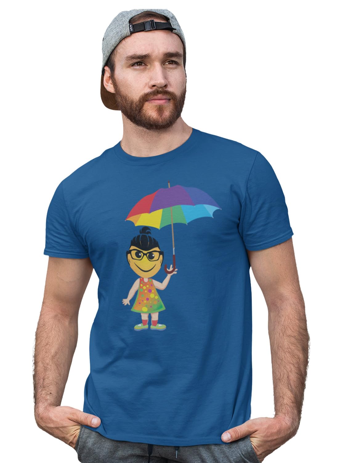 Classy Creation A Young Emoji Girl with Umbrella Printed T-Shirt (Blue) - Clothes for Emoji Lovers - Suitable for Fun Events- Foremost Gifting Material for Your Friends and Close Ones