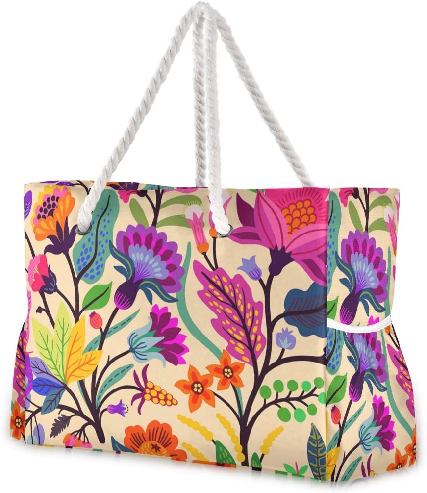 ALAZA Beach Bag, Indian Tribal Floral Travel Tote Bags for Camping, Exercise