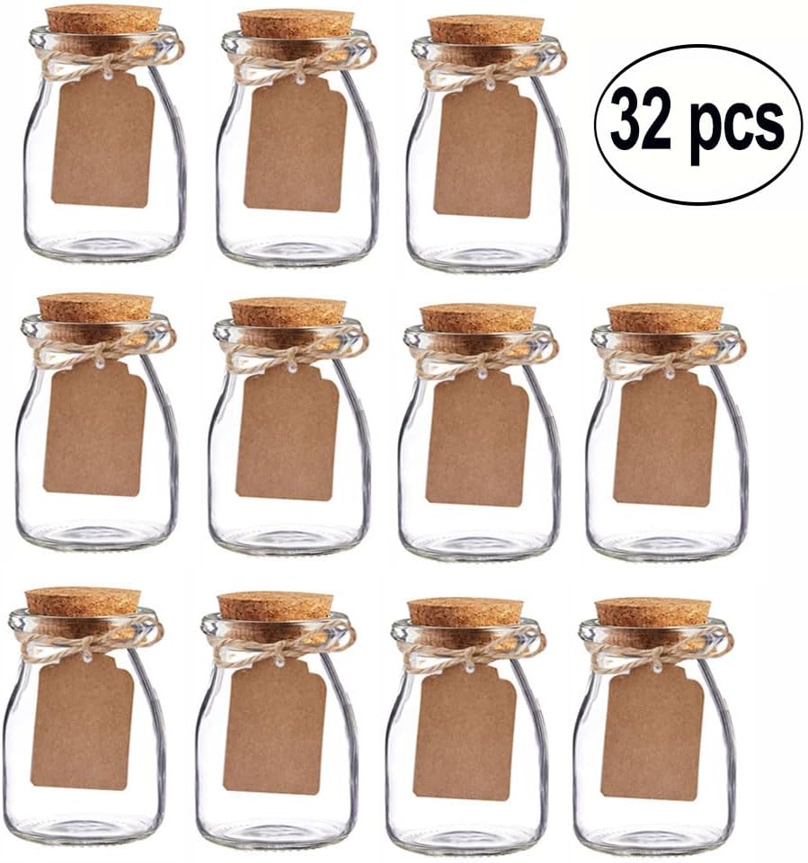 32 Pack Glass Favor Jars with Cork Lid, 3.4 oz Small Glass Bottles for Wedding Favor, Party Favor, Gift Jars for Candy, Twine and Labels 100 ML