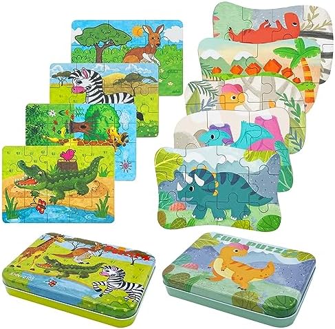 Puzzles for Kids Ages 3-6 Toddler Puzzles 9 Pieces Animal Wooden Jigsaw Puzzles Dinosaur Puzzles Animal Puzzles with Iron Box for Storage Puzzle Game for Toddlers Educational Gift (2 Boxes)