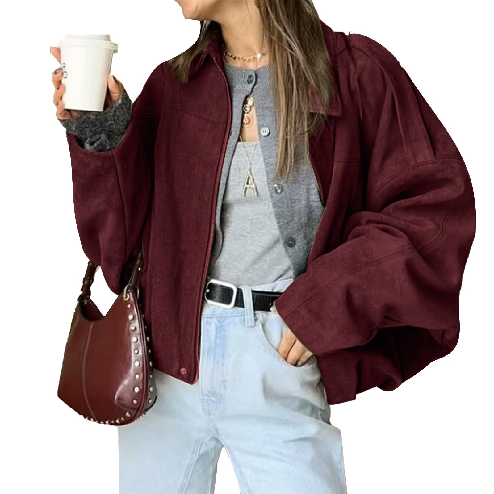 LLECDASEUI Women's Faux Suede Bomber Jacket Zipper Pilot Coat Casual Lapel Oversized Long Sleeves Y2K Outerwear Coats (L,Burgundy)
