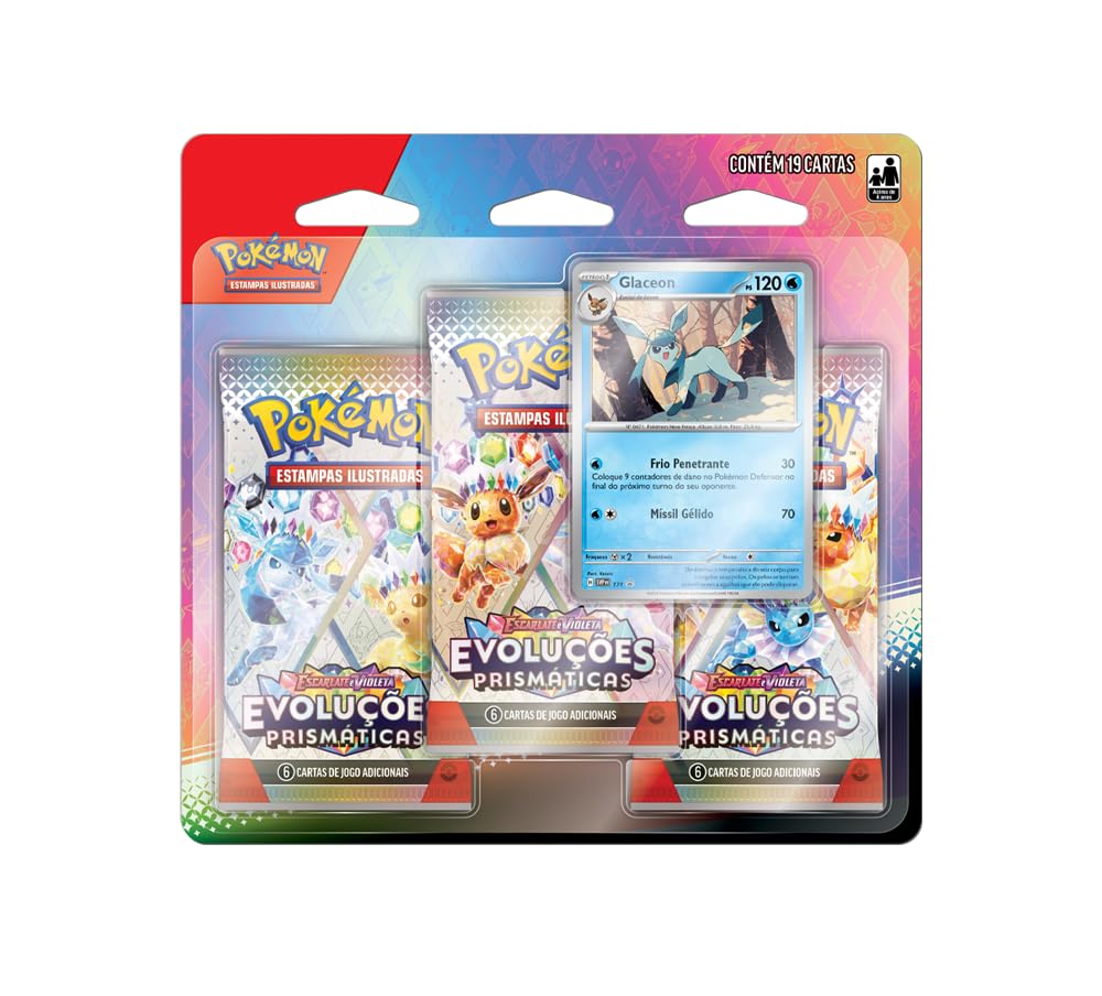 Pokémon TCG, Blister Triplo Glaceon, EV8.5 Evoluções Prismáticas, 3 Pacotes Booster, Carta Holográfica