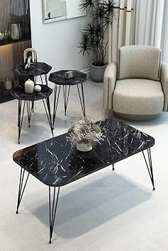 3L  Sekizgen Zigon Sehpa ve Dikd rtgen Orta Sehpa Tak m  Modern Siyah Metal Ayakl  Salon Sehpa Seti Siyah Mermer