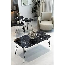 3'L  Sekizgen Zigon Sehpa ve Dikd rtgen Orta Sehpa Tak m  Modern Siyah Metal Ayakl  Salon Sehpa Seti Siyah Mermer