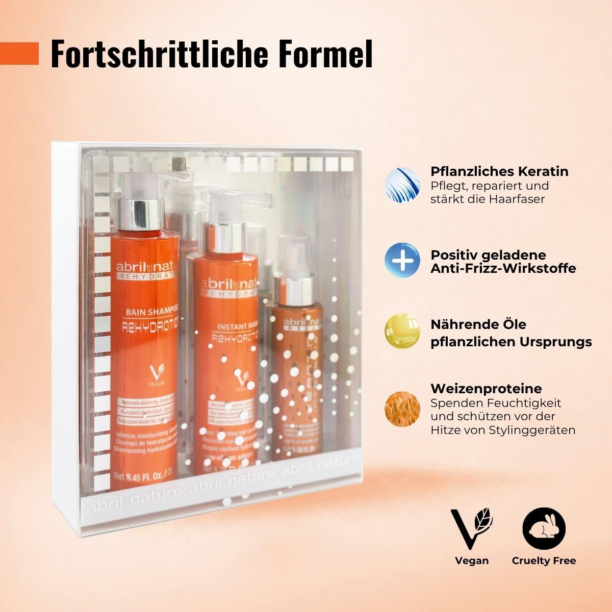abril et nature - Haarpflege-Set Rehydration - Maximale Feuchtigkeit für trockenes Haar - Shampoo-, Maske- und Serum-Set - Stellt Flexibilität und Aussehen des Haares wieder her - 550 ml