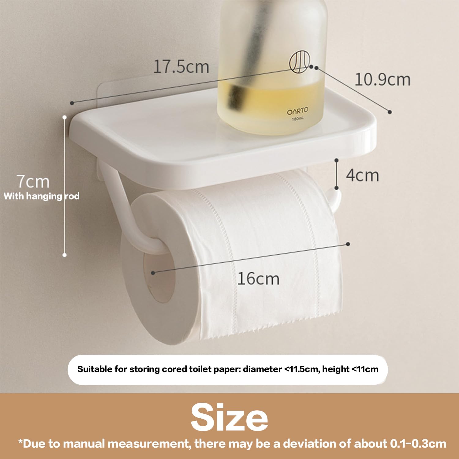 Self Adhesive Toilet Paper Holder with Shelf, No Drill Wall Mounted Bathroom Tissue Holder, Sticky TP Roll Holder with Phone Shelf for RV, White — Amazon image 8