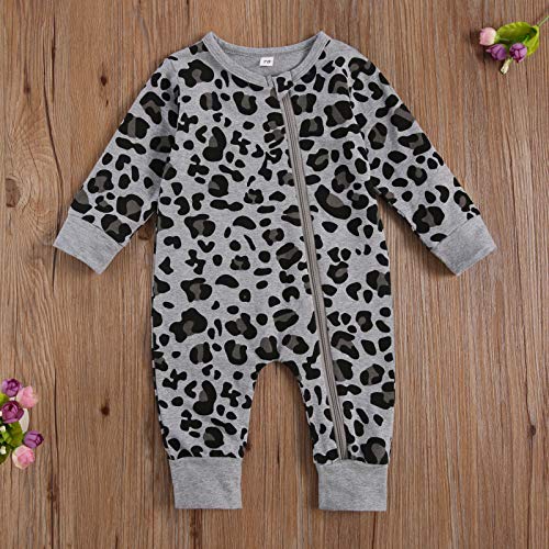 Kmbangi Newborn Baby Girls Boys Camouflage Leopard Jumpsuit Long Sleeve Side Zipper Romper Jumper Fall Winter Outfit (Leopard Gray, 0-3 Months) #TOP2