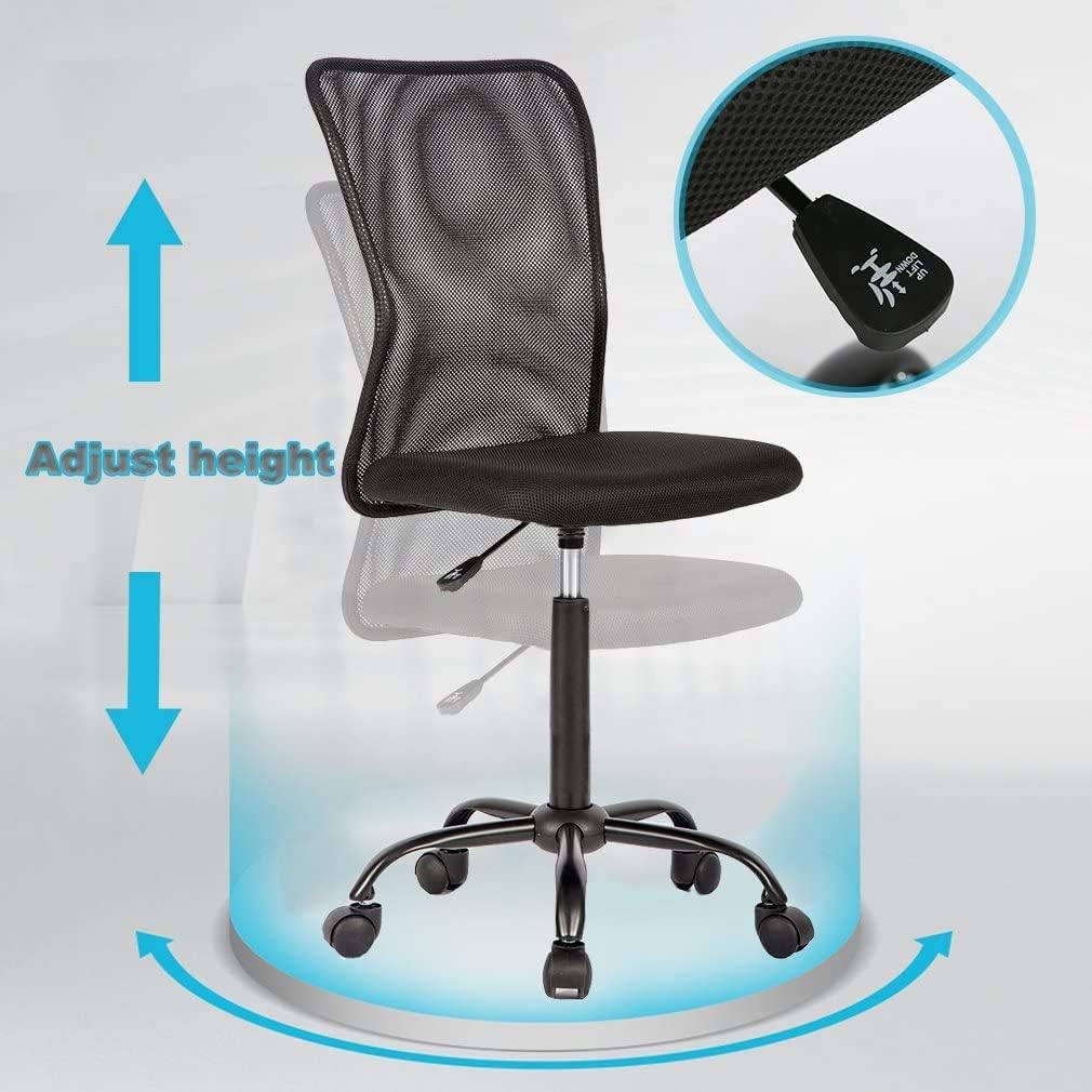Home Office Ergonomic Mesh Chair - Armless, Adjustable Mid Back, Small Modern Swivel Rolling Desk for Women - Black with Wheels for Home, Office