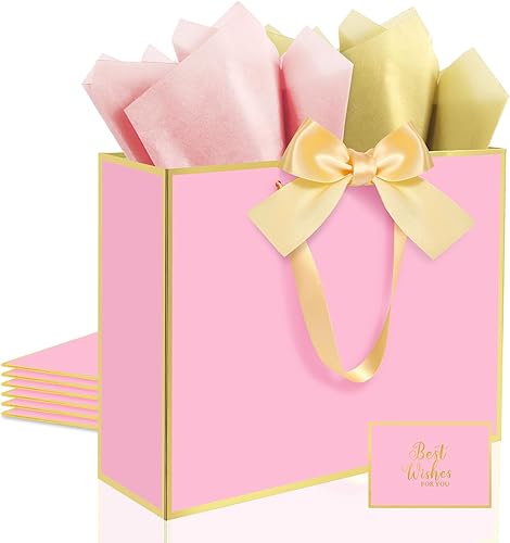 Vista 14 de Ethhqu Paquete de 5 elegantes bolsas de regalo grandes con asas, 12.6 x 10 x 4 pulgadas, incluye papel de seda y tarjetas para cumpleaños, baby 5
