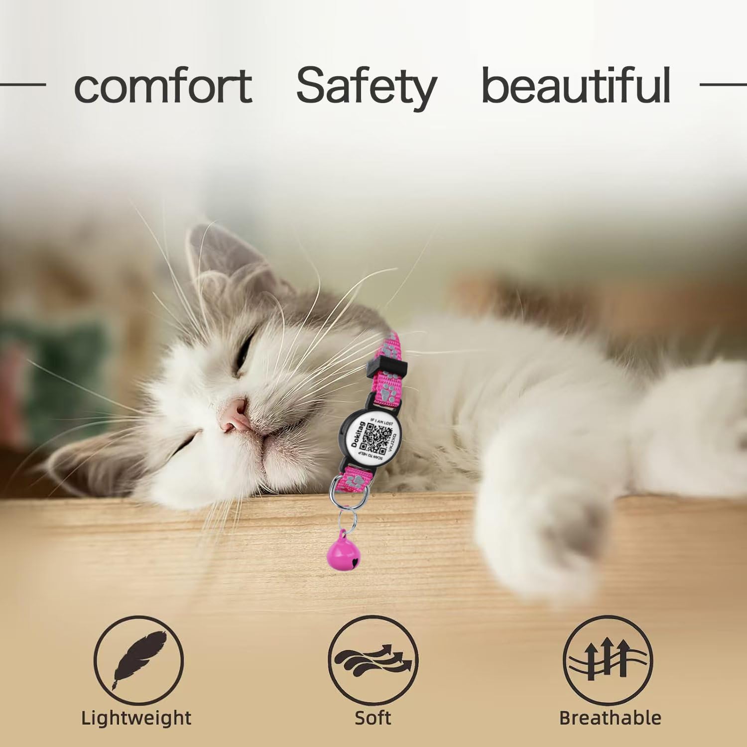 Collar reflectante para gato con etiqueta de identificación de mascotas, collares de gato separables, collar de gato con etiqueta de nombre de código QR, collar de gato con campanas, escanea QR